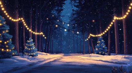 Wall Mural - winter forest background with a road perspective and christmas trees decorated with garland lights