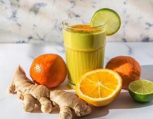 Wall Mural - Golden citrus zest immunity juice with ginger, orange, mandarin, lime and turmeric