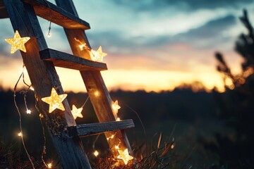 Wall Mural - wooden ladder adorned with glowing star-shaped lights against a breathtaking sunset sky, creating a 