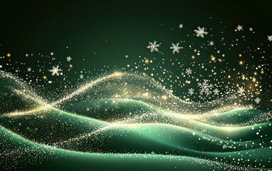 Wall Mural - Sparkling green winter landscape with snowflakes and golden lights.