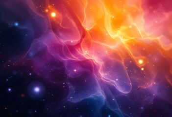 vibrant cosmic nebula with swirling orange and purple colors. bright stars and glowing energy waves 