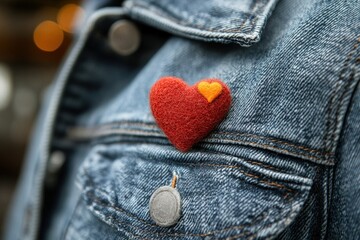 Heartfelt red and yellow felt heart pin on denim jacket close-up for Valentine's Day fashion concept