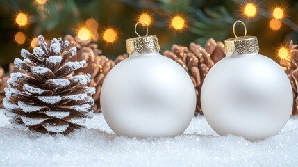 Wall Mural - Two matte white Christmas ornaments nestled in artificial snow with pine cones and bokeh lights.