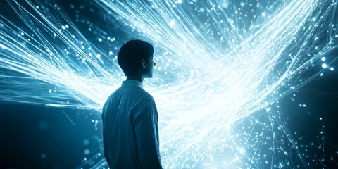 Poster - A person stands in awe before a vibrant explosion of light and energy. This digital art captures the essence of exploration and curiosity. A mesmerizing blend of style and technology. AI