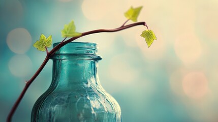 Wall Mural - Vintage Glass Bottle with Ivy Vine and Soft Bokeh Background