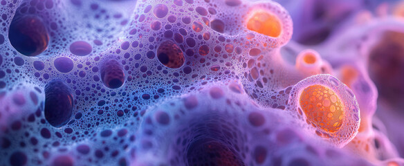 Close-up of colorful abstract organic structure with vibrant cells and bubbles in purple and orange