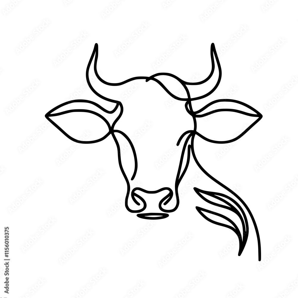 Minimalist line art of cow head with horns and ears, single line vector ...