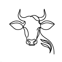 Aufkleber - Minimalist line art of cow head with horns and ears, single line vector outline drawing