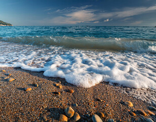 Wall Mural - Foamy sea waves wash up on a rocky beach under a bright blue sky with wispy clouds.