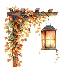 Canvas Print - A watercolor vector of a glowing lantern hanging on a porch covered in autumn leaves, isolated on a white background. Autumn lantern vector.
