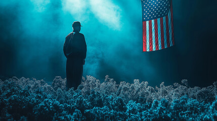 Wall Mural - a man stands against the background of the American flag military veteran patriot