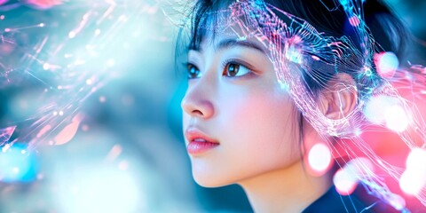 Poster - A captivating portrait of a young woman surrounded by vibrant colors and light effects. This image blends technology and emotion, showcasing a futuristic style. AI.
