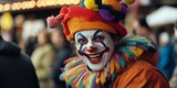 A joyful clown wearing a colorful outfit and vibrant makeup. This image captures the spirit of fun and entertainment. Perfect for event promotions, parties, and playful themes. AI