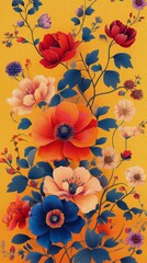 Wall Mural - Vibrant floral arrangement featuring various flowers on a bright yellow background