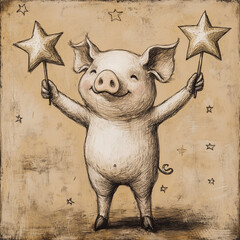 Wall Mural - Charming pig holding star wands in a whimsical sketch style against a vintage background