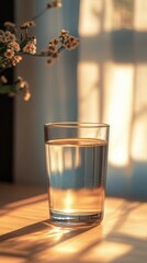 Sticker - Glass of water reflecting sunlight on a wooden table near a window