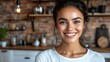 © Neural Pixels - Woman is smiling joyfully in a charming kitchen filled with earthy tones and cozy decor
