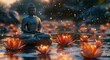 © ArtCookStudio - Buddha statue surrounded by glowing lotus flowers in tranquil water setting at dawn