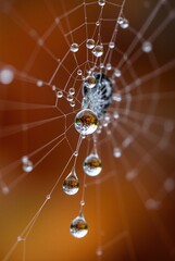 Macro Photography of Water Droplets on a Spider Web.