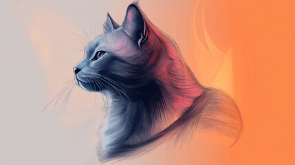 Poster - Abstract Minimalistic Feline Drawing: Elegant Cat Emblem in Soft Gradient Hues