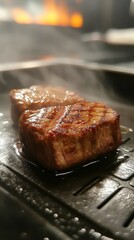 Sticker - Grilling tender beef steaks to perfection in a kitchen on a smoky evening