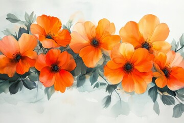 Wall Mural - Vibrant orange flowers with lush green leaves on a white background