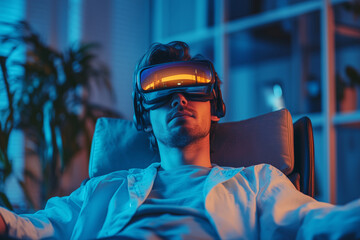 Poster - Engineer immersed in virtual reality simulation during evening hours at home