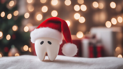 Wall Mural - Dental advertising, happy New Year and Christmas, man's tooth is white, with a Santa Claus ha