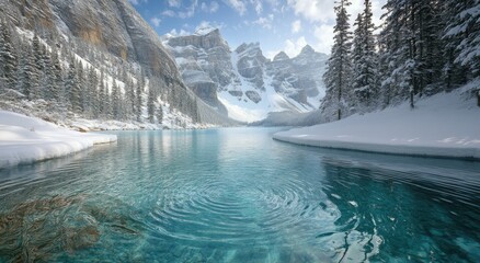 Wall Mural - Winter landscape with snow-covered mountains and crystal clear lake reflecting blue sky