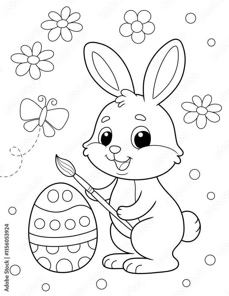 bunny painting easter egg and some flowers, coloring page ready to ...