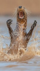 Canvas Print - Seal playfully splashing in water. AI.