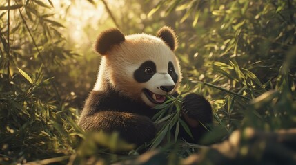 Wall Mural - Panda enjoying a bamboo snack. AI.