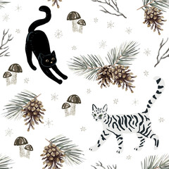 Wall Mural - christmas seamless pattern, cats, pine twigs with cones, mushrooms, snowflakes, white background. ve