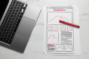 Leinwandbilder - Developing UI design. Sketches of website wireframes, laptop and felt pen on white marble table, top view