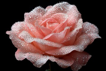 Poster - Beautiful pink rose with dew drops glistening in the light against a black background