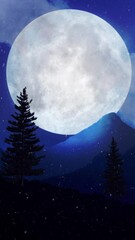 Wall Mural - vertical blue full moon snowy landscape 4k loop features blue hued mountains with a full moon in a c