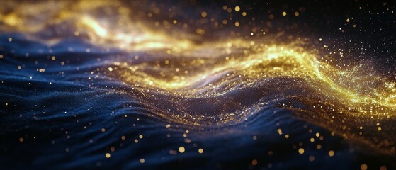 Poster - Golden particles swirl over a deep blue background, adding depth and motion