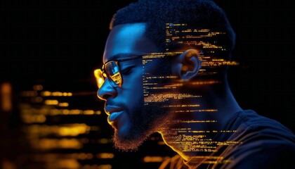 Poster - A man contemplates while illuminated by vibrant digital data streams in the dark