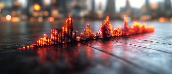 Poster - Colorful sound wave representation appears on wooden floor in a dimly lit urban environment