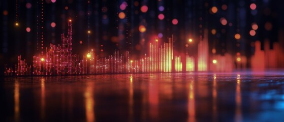 Poster - Bright audio waves in shades of red, orange, and purple illuminate a dark background