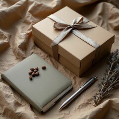 Aufkleber - gift box wrapped in brown paper with a ribbon, a closed book with coffee beans on its cover, a pen, and some dried lavender branches on a brown fabric background.