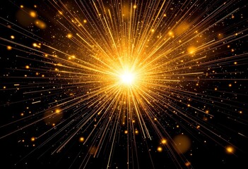 Poster - Bright golden starburst explosion with light rays in dark space. Cosmic energy burst, magic sparkle effect. Orange glow in night sky. Universe and galaxy background for banner and design