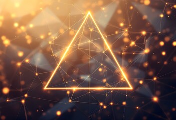 Poster - Glowing golden triangle with connected dots network on dark background. Mystical sacred geometry symbol. Digital technology concept for website header, science banner with copy space