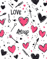 Poster - Hand-drawn hearts and arrows seamless pattern with love-themed typography for Valentine's Day