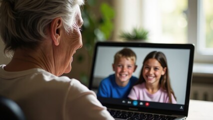 Wall Mural - An older woman is video chatting with two children on her laptop. Concept of: Intergenerational communication.