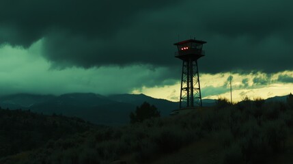  Dramatic Mountain Surveillance Tower at Dusk