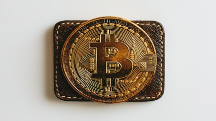 Poster - Gold Bitcoin in leather case on white background.