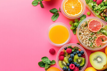 Wall Mural - Colorful fruits and vegetables arranged on a vibrant pink background, showcasing a variety of healthy and wholesome food choices.