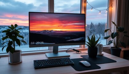 Poster - Modern workspace by window. Sunset wallpaper on computer screen. Plants, keyboard on light wood desk. Cozy, productive setup. Perfect for remote work freelance projects. Cozy, quiet environment.