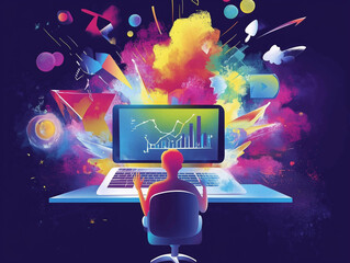 Man Seated In Front Computer Colorful Explosion Ideas Digital Marketing Marketer Computer Programmer Graphic Designer